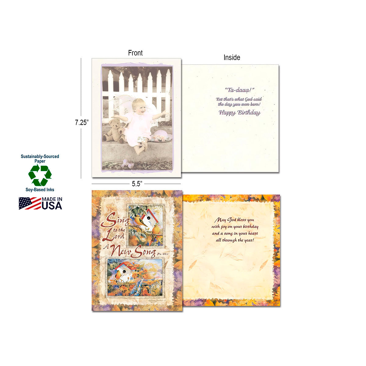 Greeting card dimensions (7.25" x 5.5") and inside/front view of a card featuring a baby. Includes 'Sustainably-Sourced Paper', 'Soy-Based Inks', and 'Made in USA' logos.