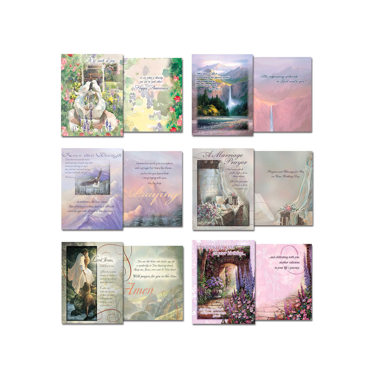 Assortment of religious greeting cards, showing various designs with sentiments for anniversary and praying.