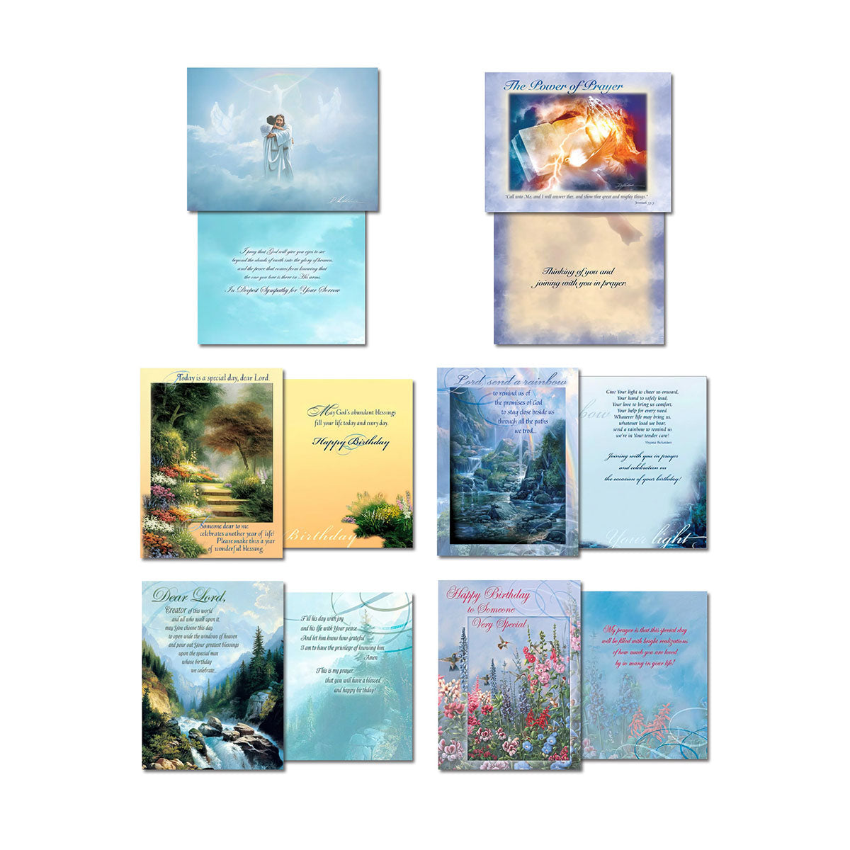 Assortment of eight diverse Leanin' Tree spiritual greeting cards, including designs with angels, 'The Power of Prayer', 'Happy Birthday' wishes, and serene nature landscapes with uplifting messages.