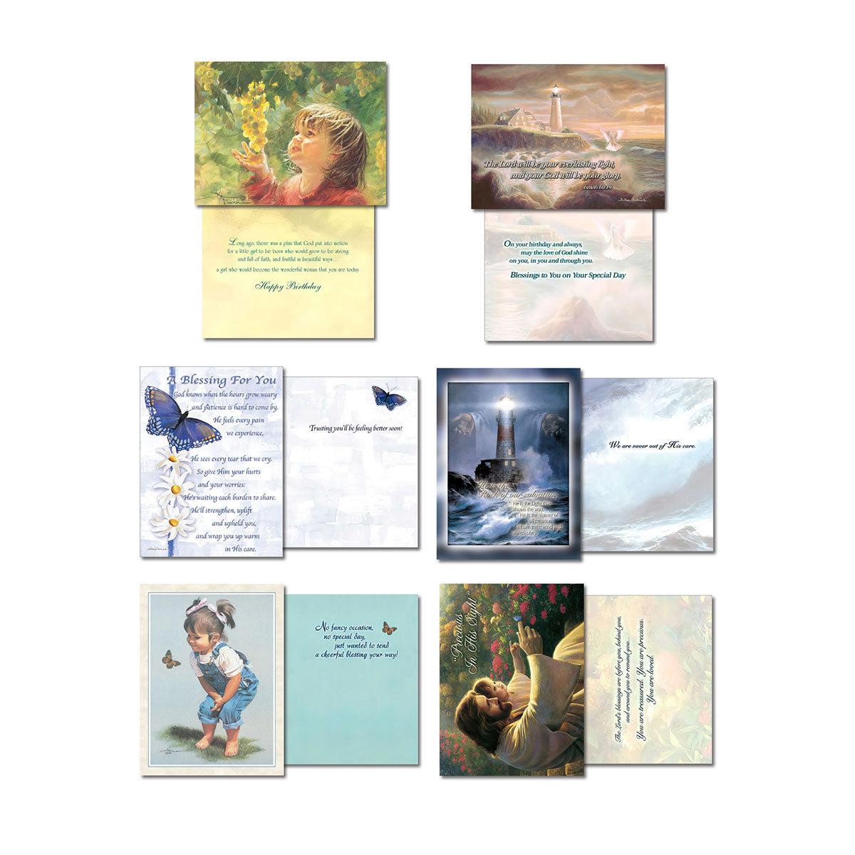 Collection of eight Leanin' Tree inspirational greeting cards, featuring designs with a child and butterflies, a lighthouse at sea, a prayer for healing, and comforting messages of faith.