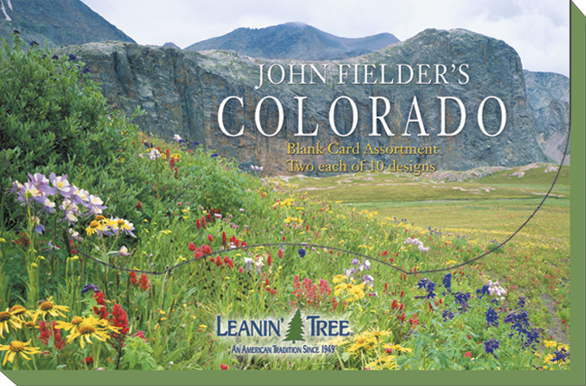 Front view of John Fielder's Colorado Blank Card Assortment box, featuring vibrant wildflowers in a mountain meadow with 'Leanin' Tree' logo.