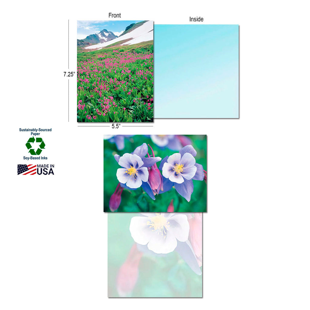 Detailed view of a single Colorado greeting card featuring a pink wildflower field, showing its blank light blue interior, with an inset of purple Colorado Columbine flowers. Labels highlight 'Sustainably-Sourced Paper' and 'Made in USA'.