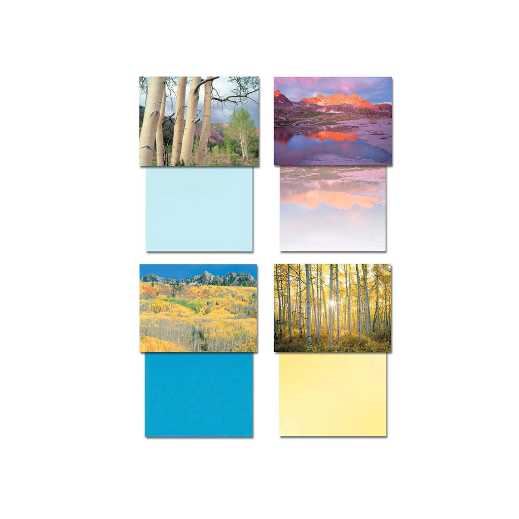 Four individual Colorado landscape greeting card fronts and their respective blank colored backs: white aspen trees, a sunrise mountain lake, golden autumn aspens, and a sun-drenched aspen forest.