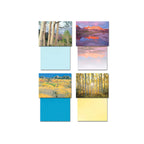 Four individual Colorado landscape greeting card fronts and their respective blank colored backs: white aspen trees, a sunrise mountain lake, golden autumn aspens, and a sun-drenched aspen forest.