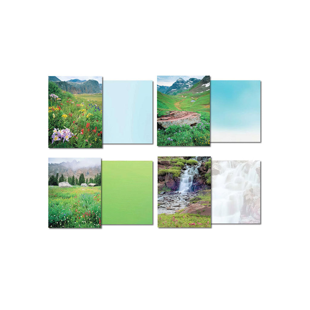 Four individual Colorado nature greeting card fronts and their respective blank colored backs: a vibrant wildflower meadow, a serene mountain valley, a cascading waterfall, and a purple wildflower field.