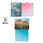 Layout showing a desert flower card (pink morning glories) with its gradient pink interior, a desert mountain landscape card with its gradient blue interior, and logos for Sustainably-Sourced Paper, Soy-Based Inks, and Made in USA.