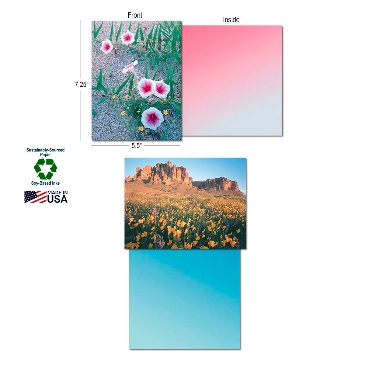 Layout showing a desert flower card (pink morning glories) with its gradient pink interior, a desert mountain landscape card with its gradient blue interior, and logos for Sustainably-Sourced Paper, Soy-Based Inks, and Made in USA.