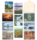 A collage of ten diverse Pacific Northwest nature greeting card designs, including mountains, lakes, waterfalls, forests, and wildlife.