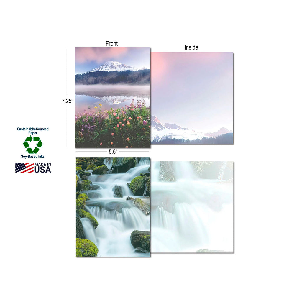 Two greeting cards shown with dimensions (7.25" H x 5.5" W), displaying the front (Mt. Rainier over a misty lake, waterfall) and blank inside views. Labels highlight 'Sustainably-Sourced Paper', 'Soy-Based Inks', and 'Made in USA'.