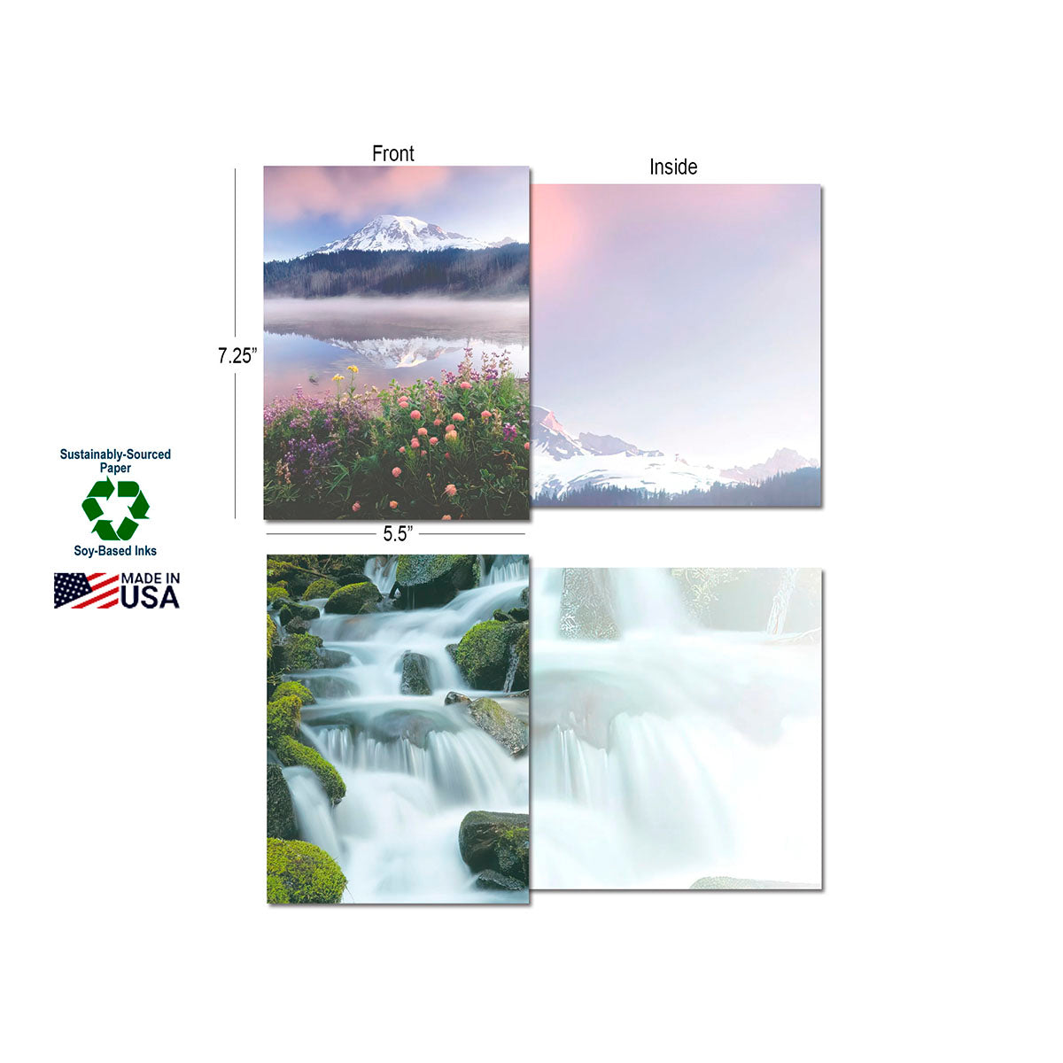 Two greeting cards shown with dimensions (7.25" H x 5.5" W), displaying the front (Mt. Rainier over a misty lake, waterfall) and blank inside views. Labels highlight 'Sustainably-Sourced Paper', 'Soy-Based Inks', and 'Made in USA'.