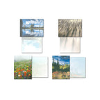 Four Pacific Northwest nature greeting cards displayed open, revealing their blank interiors. Designs include a mountain reflecting in a lake, sun rays through a forest, a field of wildflowers, and autumn trees.