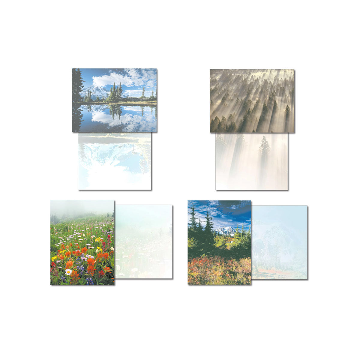 Four Pacific Northwest nature greeting cards displayed open, revealing their blank interiors. Designs include a mountain reflecting in a lake, sun rays through a forest, a field of wildflowers, and autumn trees.