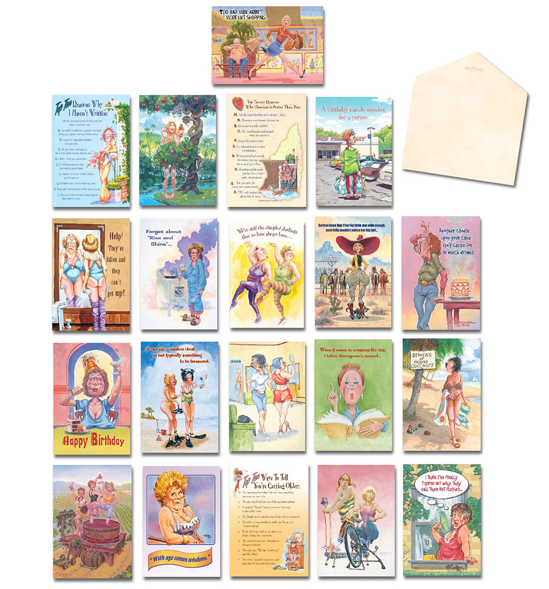 Assortment of 20 humorous greeting cards for her, featuring witty illustrations and funny messages from Leanin' Tree, perfect for women's birthdays and various occasions.