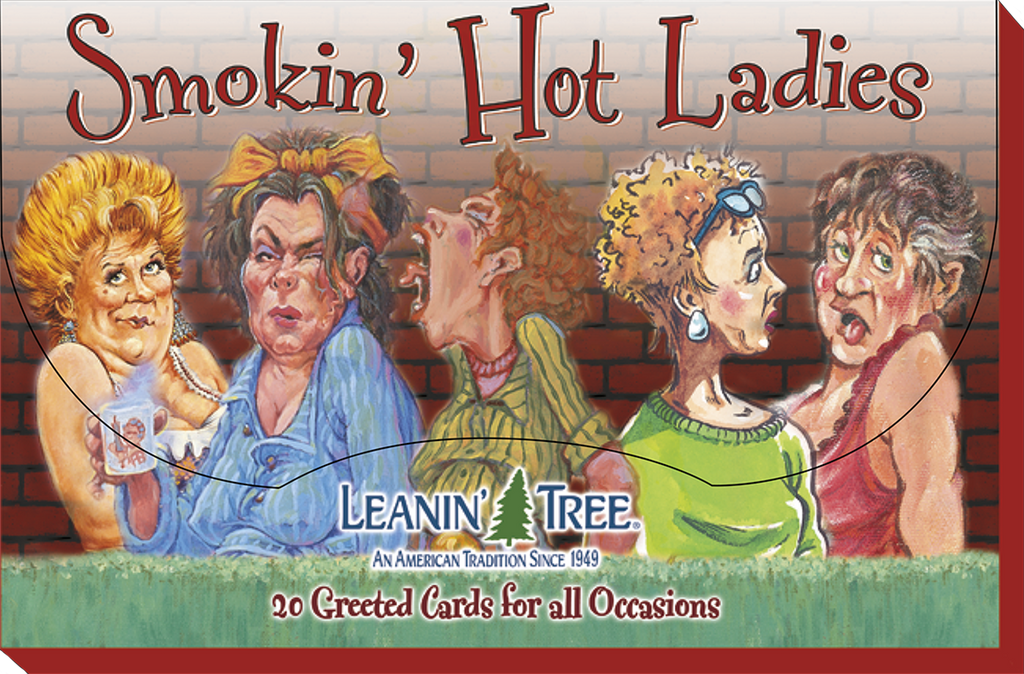 Close-up of the 'Smokin' Hot Ladies' humorous greeting card box by Leanin' Tree, showcasing five illustrated women laughing, perfect for funny cards for her.