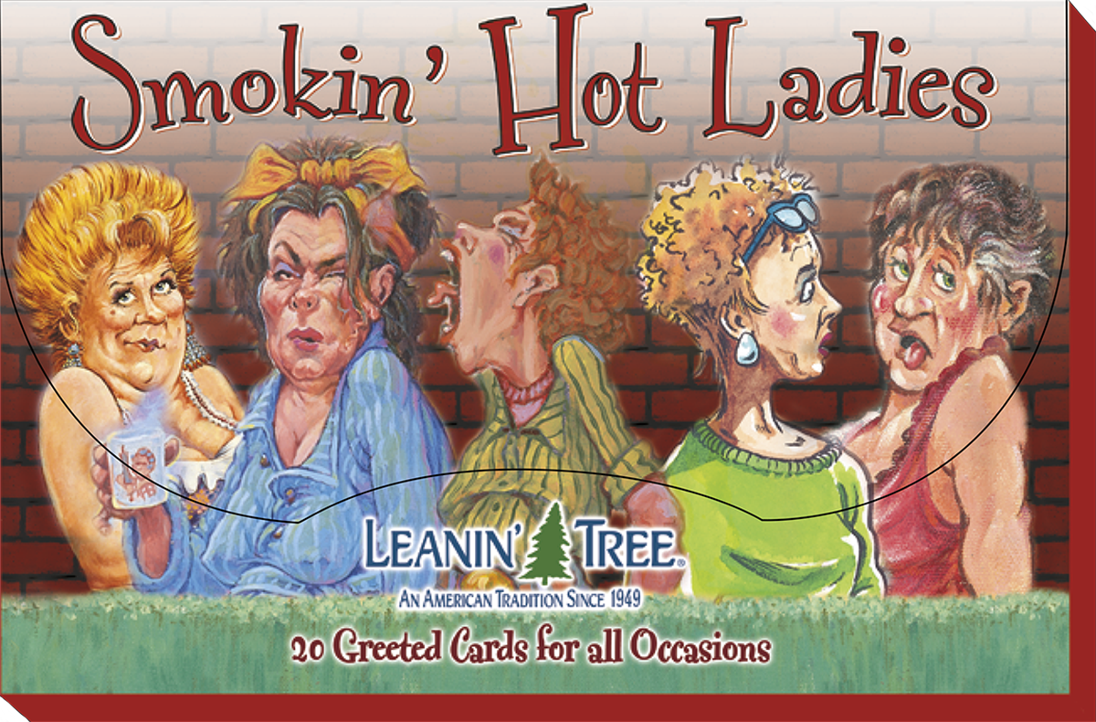 Close-up of the 'Smokin' Hot Ladies' humorous greeting card box by Leanin' Tree, showcasing five illustrated women laughing, perfect for funny cards for her.
