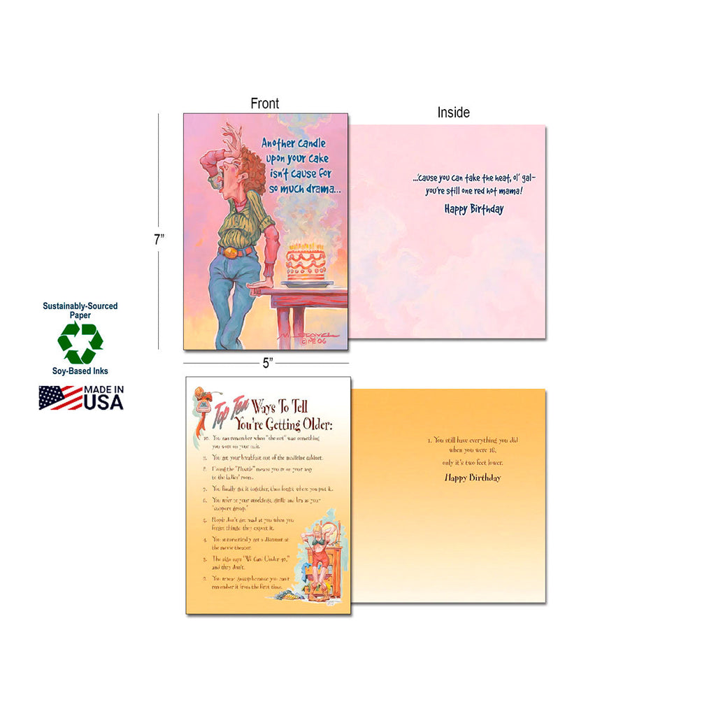 Detailed view of Leanin' Tree humorous greeting card, showing front and inside with funny birthday message, dimensions (5x7 inches), and sustainability features like Made in USA.