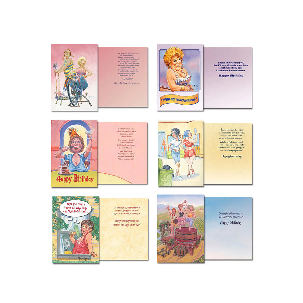 Montage showcasing the inside and outside designs of six different humorous birthday greeting cards from the 'Smokin' Hot Ladies' assortment. Features witty sayings and funny illustrations of women celebrating or reflecting on age.