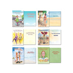 Collection of six opened witty greeting cards for her from Leanin' Tree, showing diverse funny illustrations and clever text for various adult occasions.