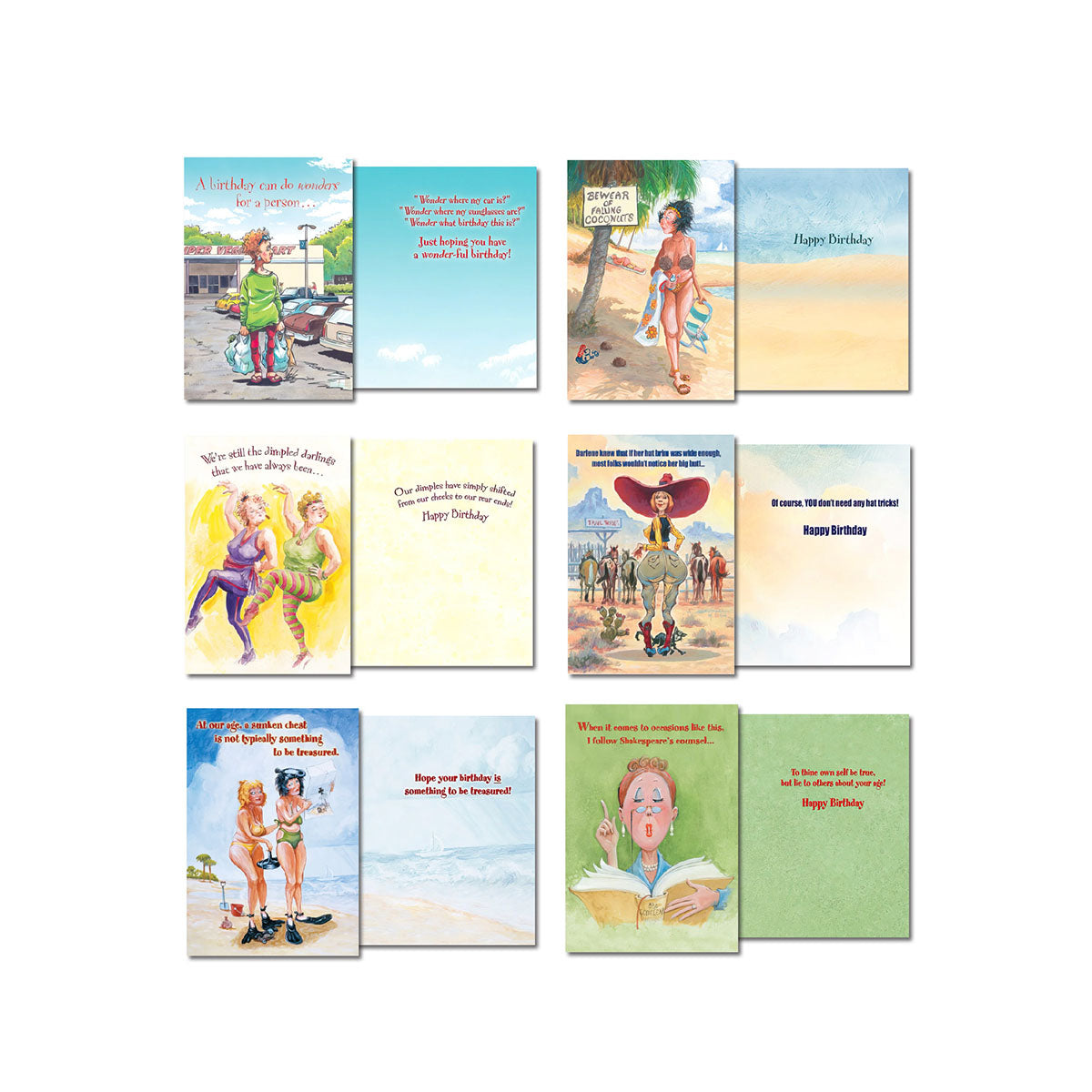 Collection of six opened witty greeting cards for her from Leanin' Tree, showing diverse funny illustrations and clever text for various adult occasions.