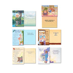 Six more humorous Leanin' Tree greeting cards opened, showcasing funny scenarios and witty quotes, including 'Too bad men aren't like shopping,' suitable for adult women.