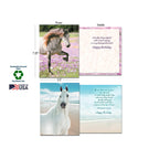 Two examples of horse greeting cards, showing both the front and inside. Top card features a dappled grey horse on the front with 'Happy Birthday' inside. Bottom card shows a white horse on a beach with a 'Happy Birthday' message. Labels for 'Sustainably-Sourced Paper', 'Soy-Based Inks', 'Made In USA', and card dimensions (7.25" x 5.5") are also displayed.
