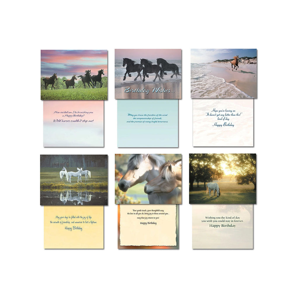 Arrangement of multiple horse greeting cards, showcasing different equine images on the front and corresponding internal messages such as 'Birthday Wishes' and other thoughtful sentiments, suitable for diverse occasions.
