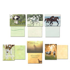 Six more horse greeting cards displayed with their open inside messages. Designs feature a black and white pinto horse, white horses running, brown horses running on a beach, a brown calf, a single horse at sunset, and a group of pinto horses, illustrating thank you and sympathy themes among others.