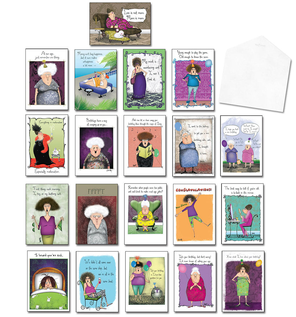 Assortment of 20 funny greeting cards by Leslie Moak Murray, featuring diverse humorous illustrations of elderly women for various occasions, with envelopes.