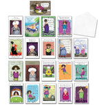 Assortment of 20 funny greeting cards by Leslie Moak Murray, featuring diverse humorous illustrations of elderly women for various occasions, with envelopes.