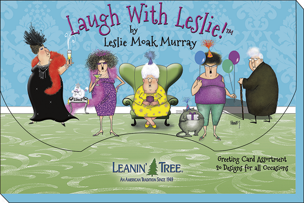 Laugh With Leslie by Leslie Moak Murray Leanin' Tree greeting card assortment box, showcasing five unique cartoon elderly women characters in a vibrant design.