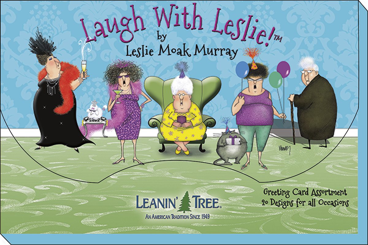 Laugh With Leslie by Leslie Moak Murray Leanin' Tree greeting card assortment box, showcasing five unique cartoon elderly women characters in a vibrant design.