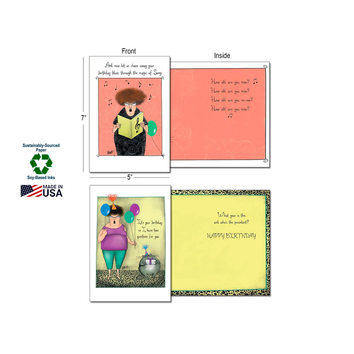 Close-up of two humorous birthday greeting cards with interior messages, highlighting 7x5 inch dimensions and eco-friendly features: Sustainably-Sourced Paper, Soy-Based Inks, Made in USA.