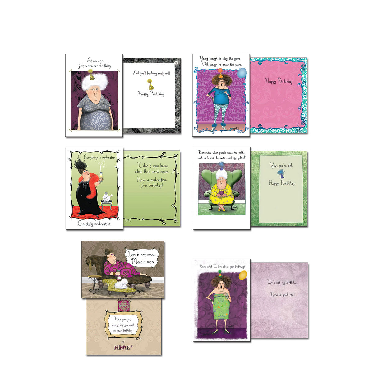 Selection of eight unique funny greeting card fronts and their witty inside messages, featuring cartoon elderly women for various celebrations.