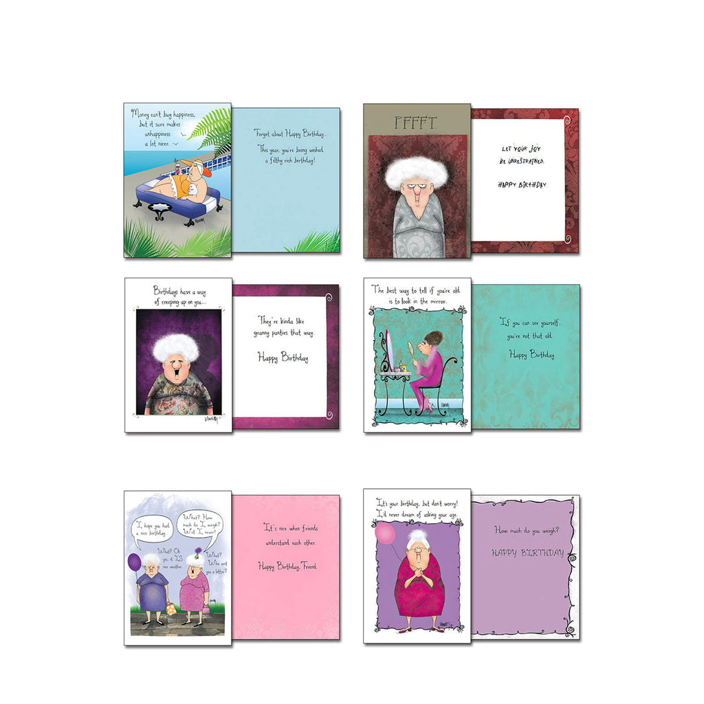Display of another eight hilarious greeting card designs, showing both the front illustrations and the humorous interior sentiments for different occasions.