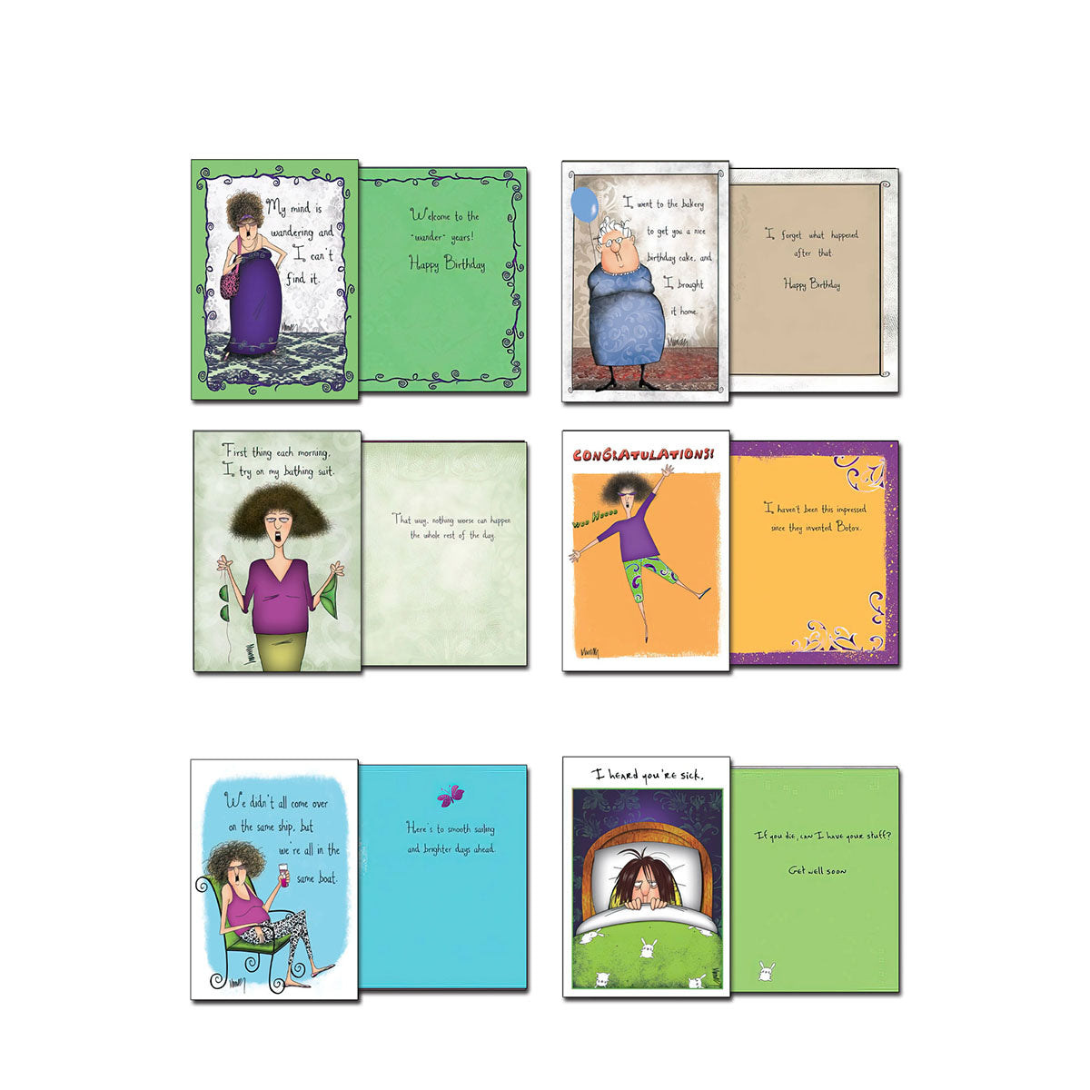 Final selection of six funny greeting cards, presenting a variety of humorous illustrations and playful messages including get well and congratulations.