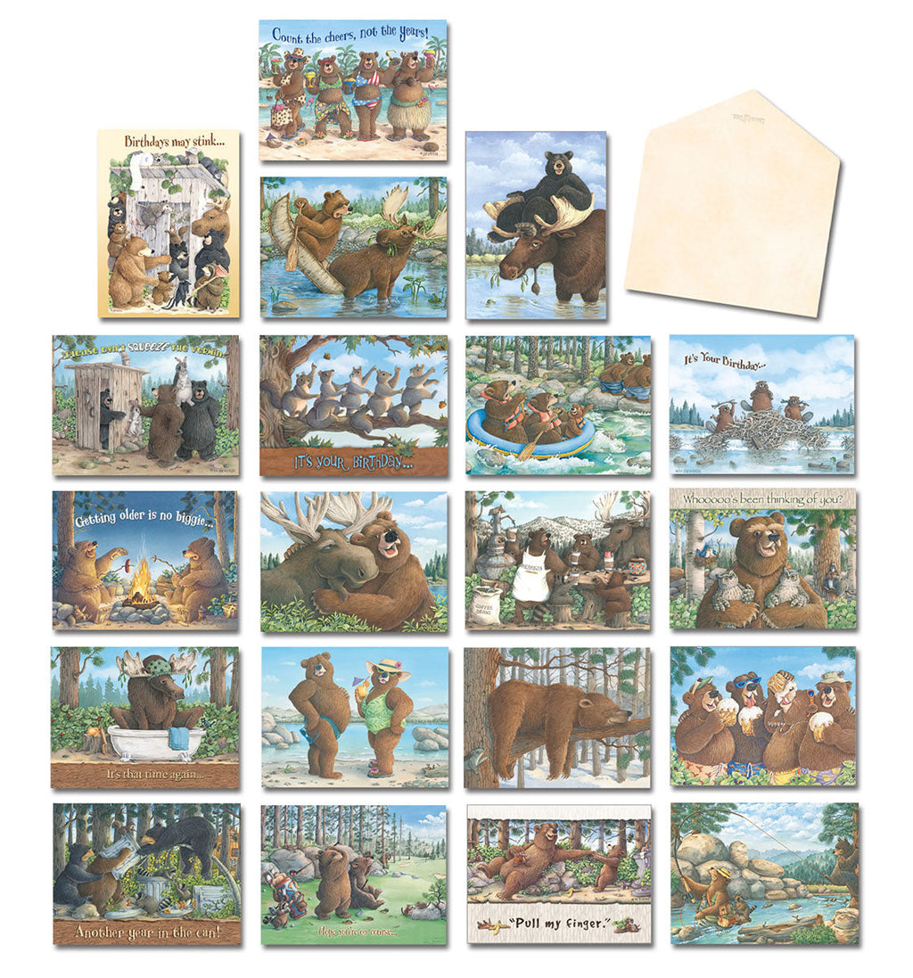 A full display of 20 humorous bear-themed greeting cards from the Leanin' Tree assortment by Jeffrey Severn, featuring various outdoor scenes and funny messages for all occasions.