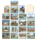 A full display of 20 humorous bear-themed greeting cards from the Leanin' Tree assortment by Jeffrey Severn, featuring various outdoor scenes and funny messages for all occasions.