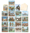 A full display of 20 humorous bear-themed greeting cards from the Leanin' Tree assortment by Jeffrey Severn, featuring various outdoor scenes and funny messages for all occasions.