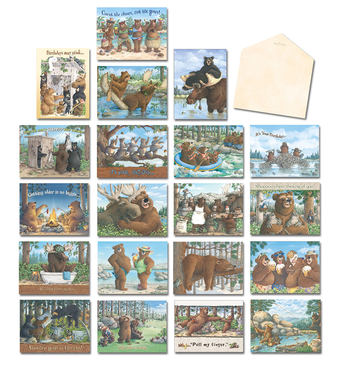 A full display of 20 humorous bear-themed greeting cards from the Leanin' Tree assortment by Jeffrey Severn, featuring various outdoor scenes and funny messages for all occasions.