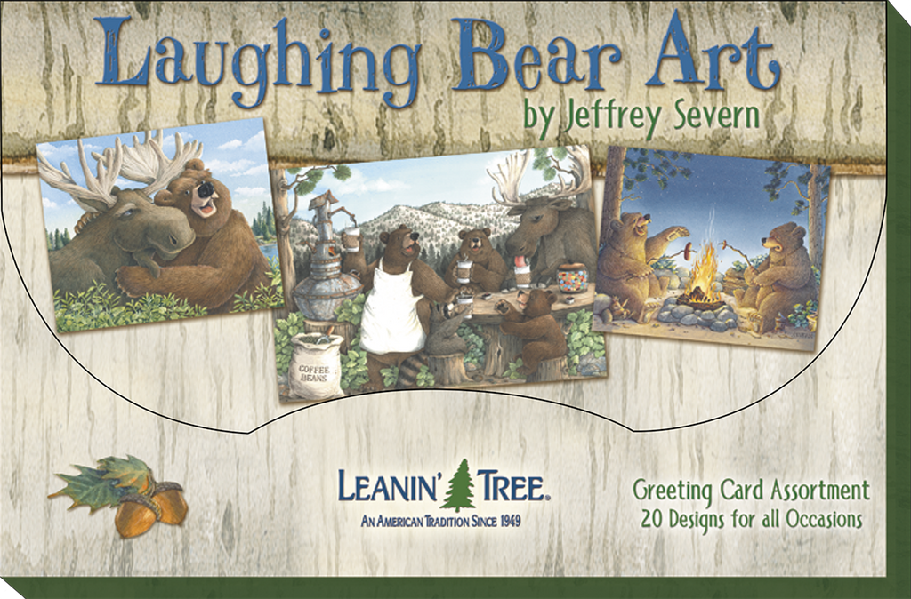 Branding for Laughing Bear Art by Jeffrey Severn and Leanin' Tree, showcasing three example greeting cards with wildlife humor, emphasizing '20 Designs for all Occasions'.