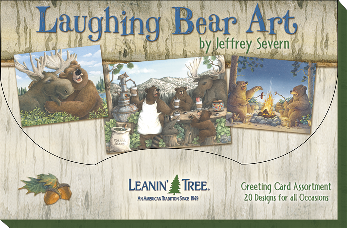 Branding for Laughing Bear Art by Jeffrey Severn and Leanin' Tree, showcasing three example greeting cards with wildlife humor, emphasizing '20 Designs for all Occasions'.