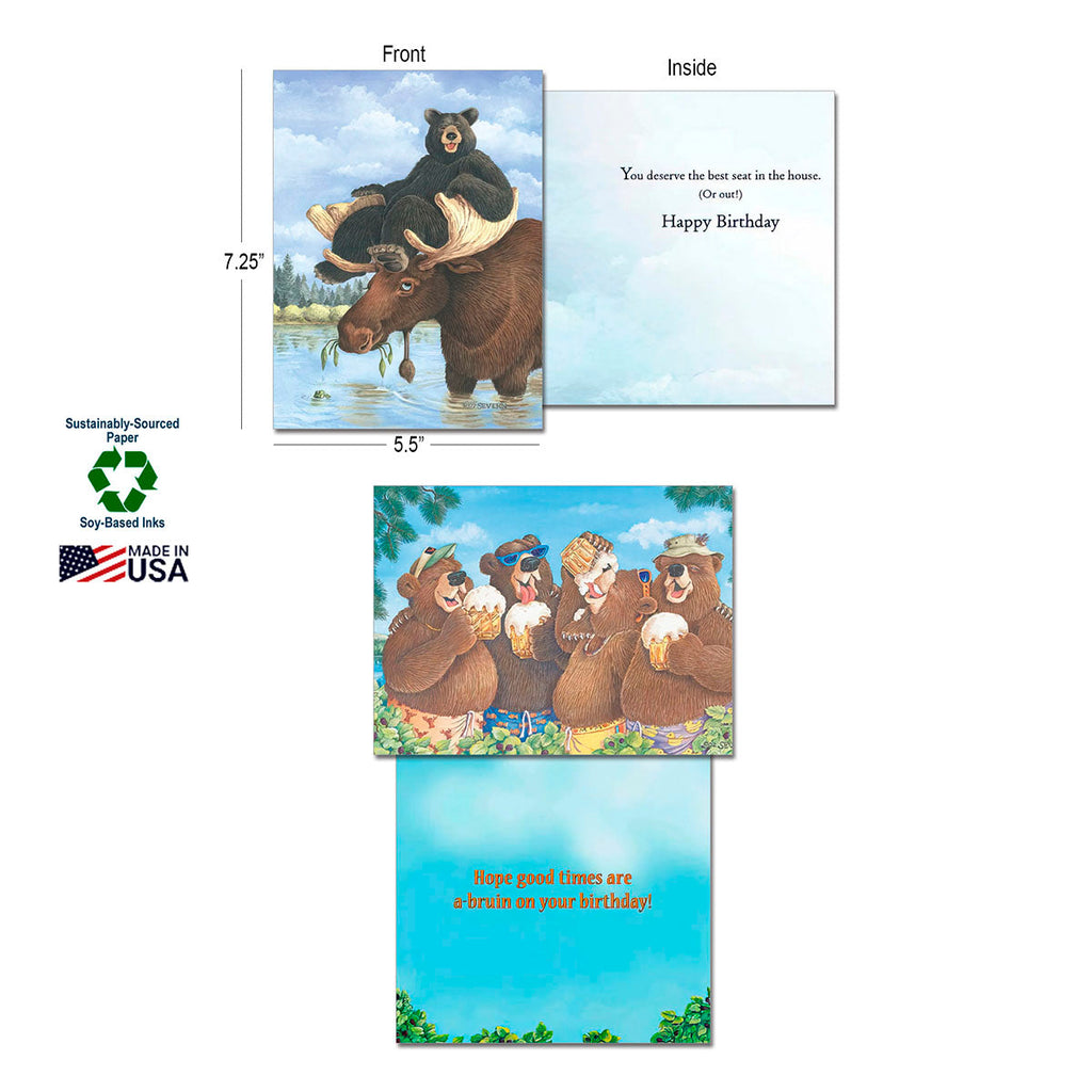 Detailed view of a Laughing Bear Art greeting card, displaying its 7.25x5.5 inch dimensions, front and inside messages, alongside sustainability badges for soy-based inks and Made in USA paper.