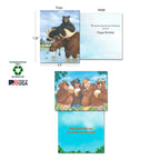 Detailed view of a Laughing Bear Art greeting card, displaying its 7.25x5.5 inch dimensions, front and inside messages, alongside sustainability badges for soy-based inks and Made in USA paper.