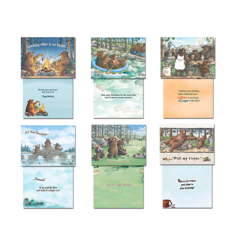 Close-up of six distinct Laughing Bear Art greeting cards, showing both the front humorous bear illustrations and the witty inside messages, highlighting the assortment's variety and playful tone.