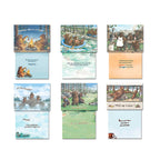 Close-up of six distinct Laughing Bear Art greeting cards, showing both the front humorous bear illustrations and the witty inside messages, highlighting the assortment's variety and playful tone.