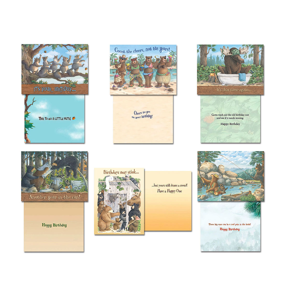 Collection of nine unique Laughing Bear Art greeting cards, displaying funny bear and moose themed fronts and their corresponding charming inside sentiments, suitable for different events.