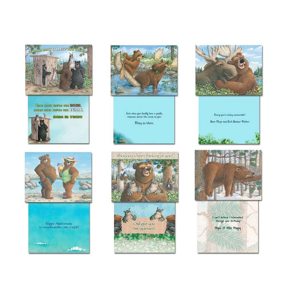 Variety of nine humorous Laughing Bear Art greeting cards, revealing both the outdoor-themed animal illustrations on the front and the clever, lighthearted messages printed inside, perfect for any recipient.