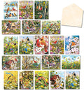 Assortment of 20 diverse greeting cards featuring vibrant bird and nature scenes, with an open blank envelope.
