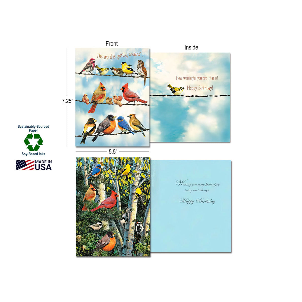 Two open greeting cards displaying front and inside messages: one with birds on a wire ('The word is getting around'), another with birds in birch trees. Shows 'Sustainably-Sourced Paper' and 'Made In USA' logos with dimensions.