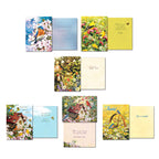 Assortment of six distinct open greeting cards, each showing a front design with birds or nature and its corresponding inside message like 'I thought of you today' or 'Thank You'.